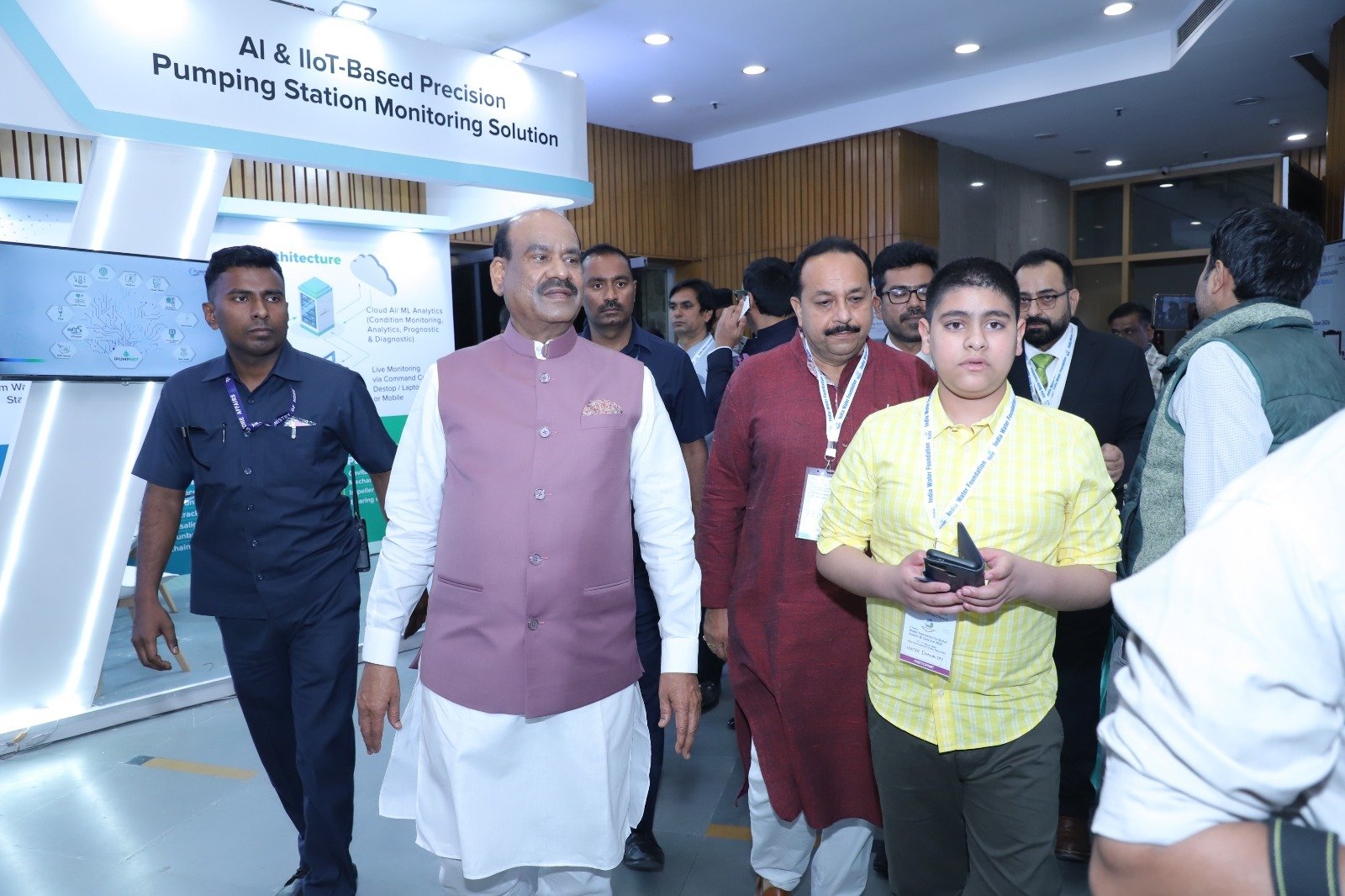Dhananjay with Shri Om Birla, Hon'ble Speaker of the Lok Sabha, at a water-technology exhibition