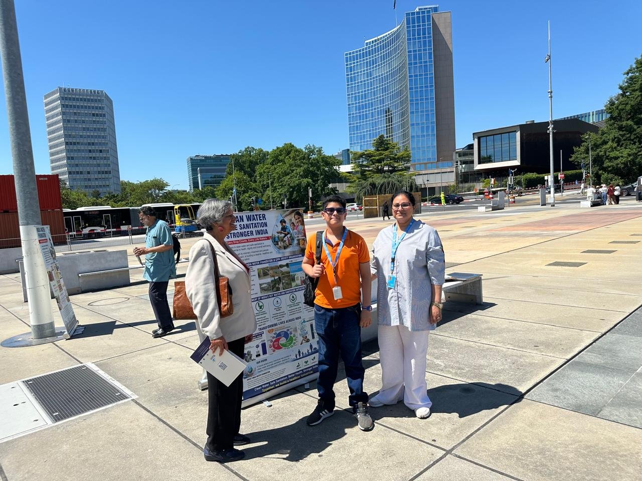 Dhananjay with the delegation at the United Nations, the UN building behind